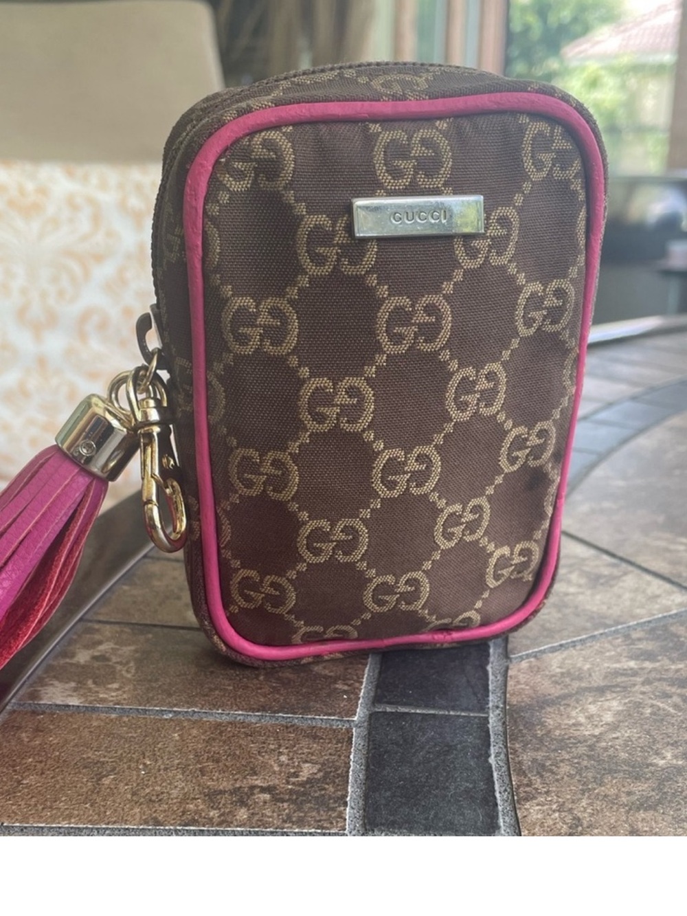 Gucci Brown Monogram Pouch with Fuchsia Trim and Tassel